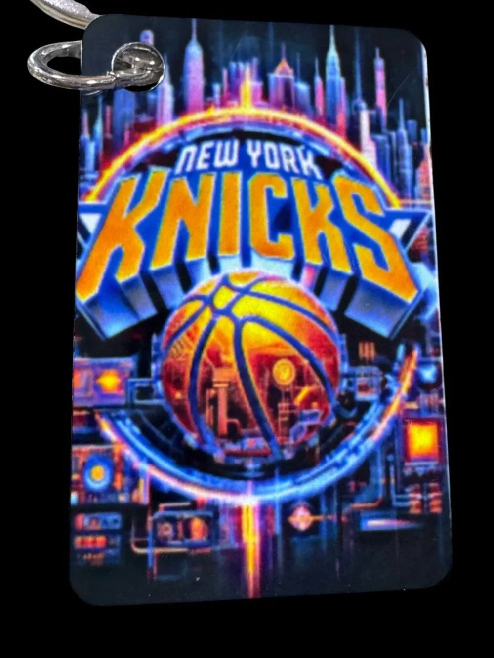 New York Knicks Keychain, Metal, Neon City Skyline Graphic, Lobster Clasp with S